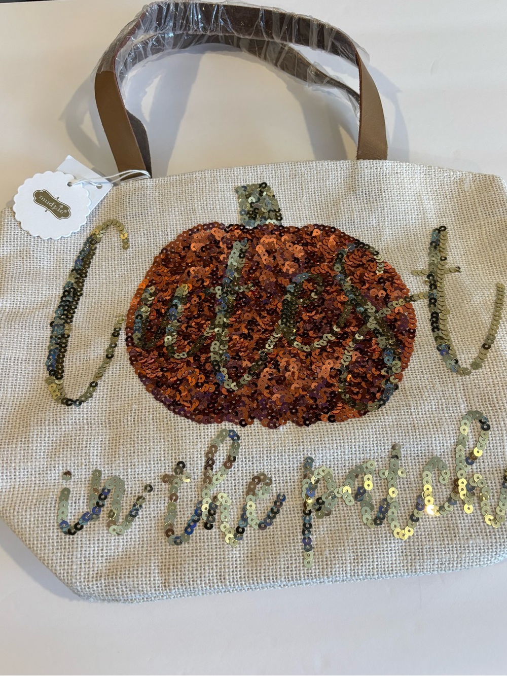Mud Pie Cutest In The Patch Pumpkin Tote Bag NWT Orange Sequin Halloween Fall